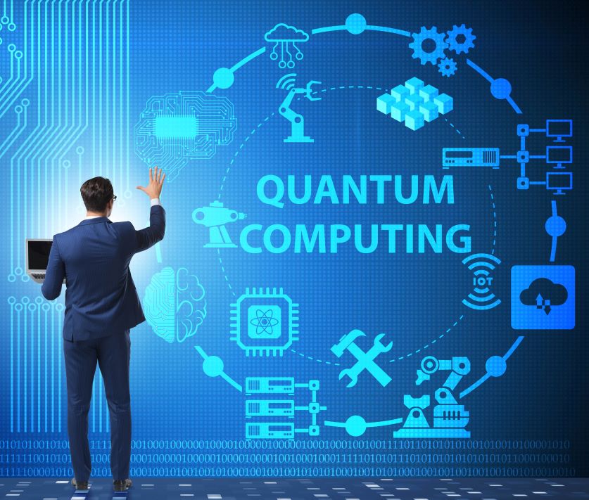 Man looking at quantum computing collage
